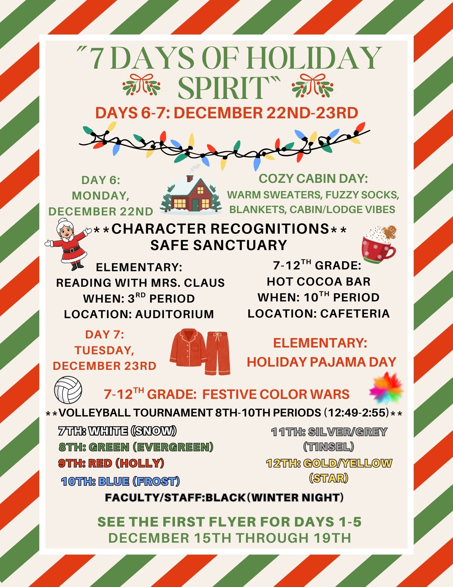 Holiday colored flyer with greens and reds announcing 7 Days of Spirit at Andover Central School